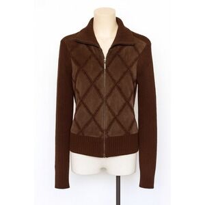 VTG White Stag Womens Jacket Size L Brown Suede Argyle Zip Front Long Sleeve Y2K